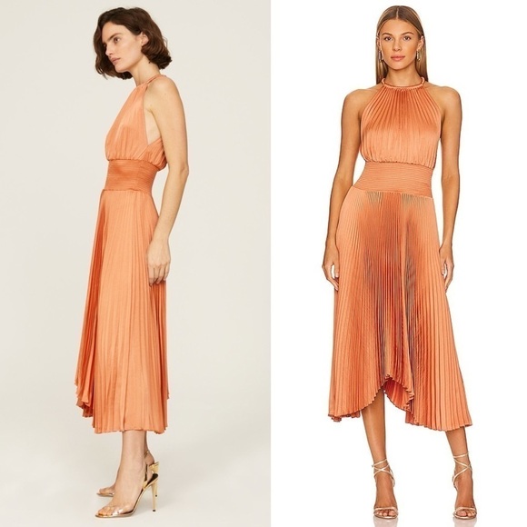 ALC Copper Satin Pleated Sleeveless Halter Smocked Waist Asymmetrical Hem Gown 2 - Picture 5 of 16